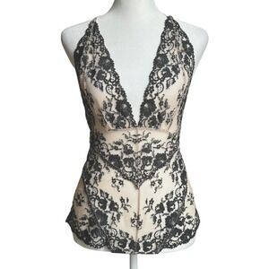 Black Lace Overlay Deep V Plunge Halter Bodysuit Sz S Coquette Dark Romance Y2K